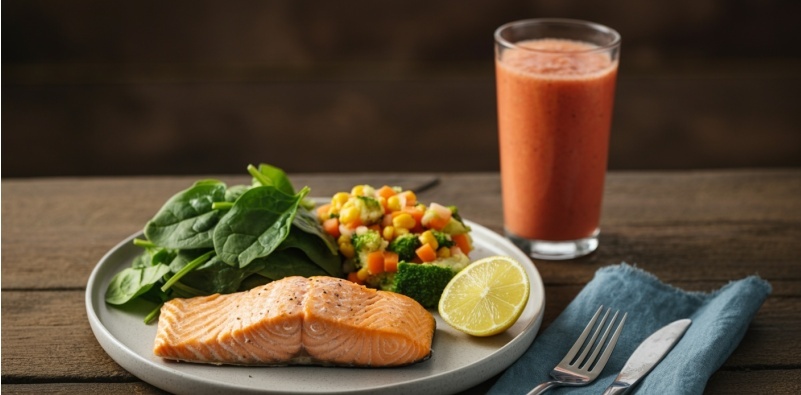 A healthy meal of salmon, greens and colorful vegetables with nutrients for eye health